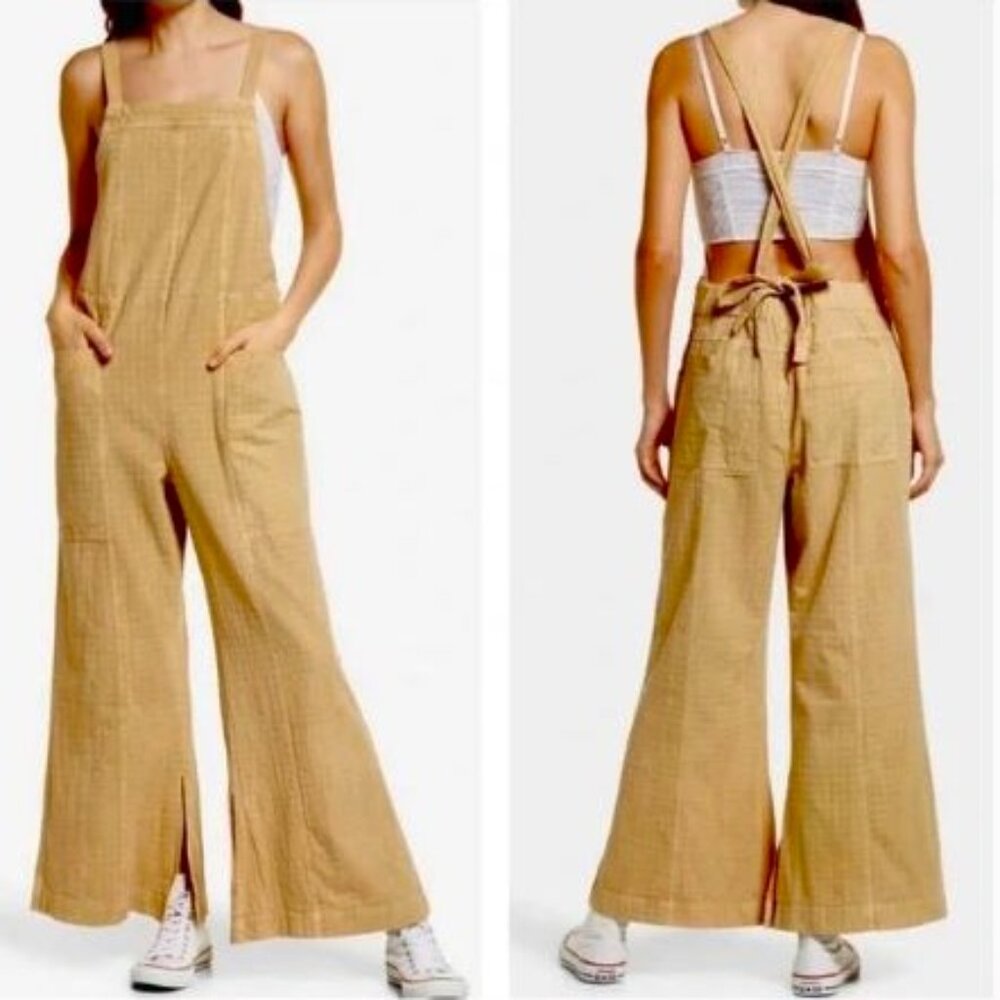 Free People Savannah Overalls Bib Wide Leg  Khaki Tan Pockets Cotton Canvas XS